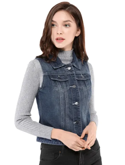 Allegra K- Gilet boutonné en denim délavé avec poches à rabat