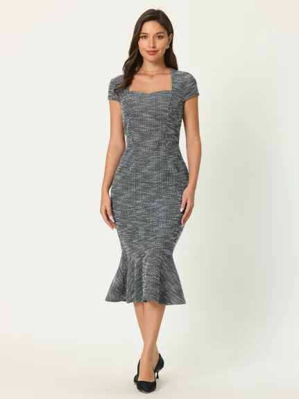 Hobemty- Tweed Square Neck Cap Sleeve Fishtail Dress