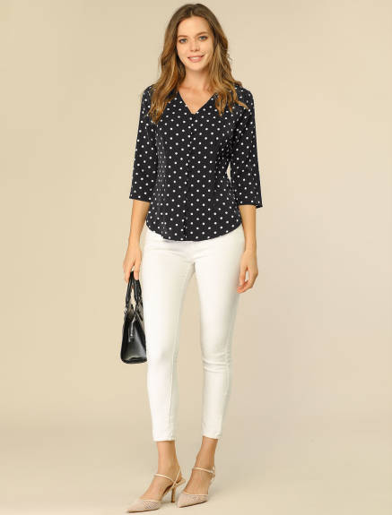 Allegra K- Polka Dots 3/4 Sleeve Button Front Blouse