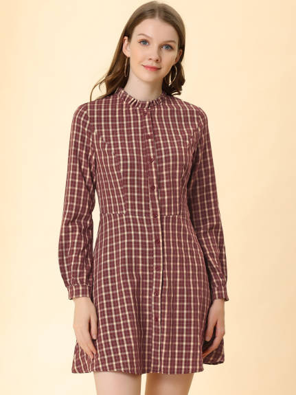 Allegra K- Check Ruffle Neck Long Sleeve A-Line Shirt Dress