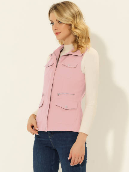 Allegra K- Zip Up Jacket with Pockets Cargo Utility Vest