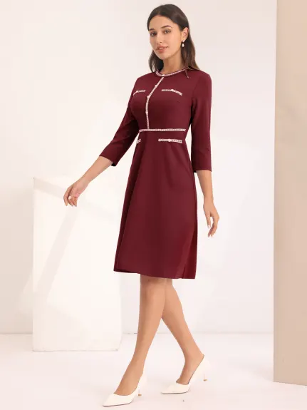 Hobemty- A-Line Contrast Color Tweed Trim Dress