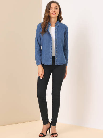 Allegra K- Long Sleeve Button Down Jean Denim Shirt