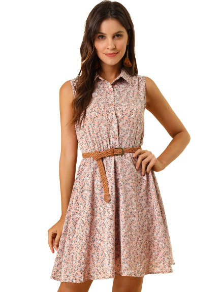 Allegra K- Printed Half Placket Sleeveless Belted Dress