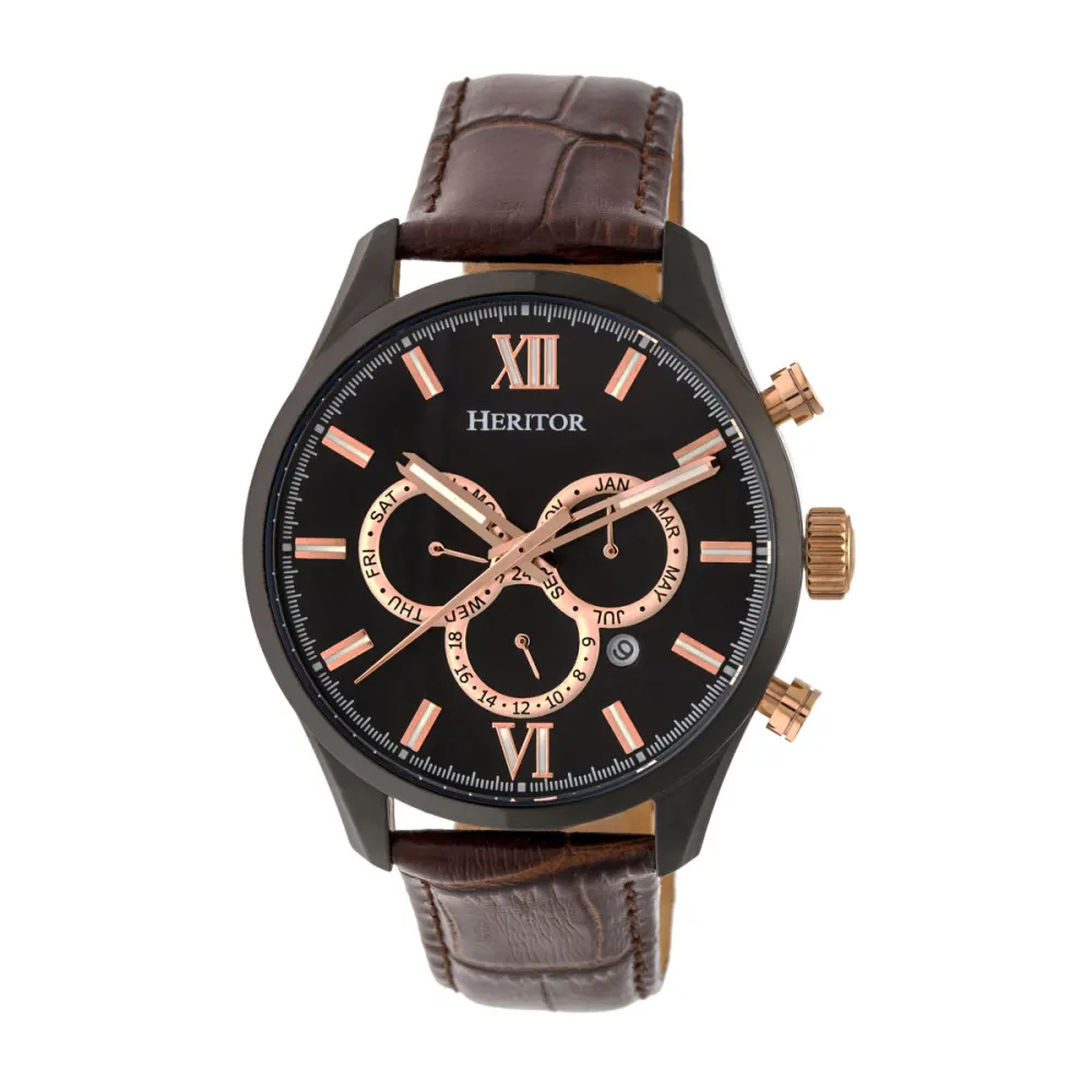Heritor Automatic - Benedict Leather-Band Watch w/ Day/Date - Gold/Black
