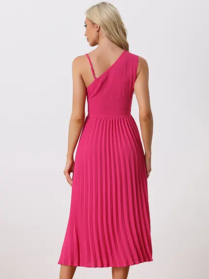 Allegra K- Pleated One Shoulder Cinched Waist Dress