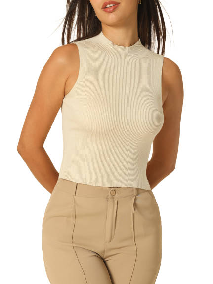 Hobemty- Mock Neck Sleeveless Knitted Ribbed Top