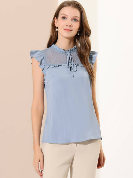 Allegra K - Ruffle Stand Collar Cap Sleeve Chiffon Blouse