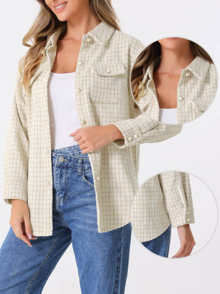 Allegra K - Long Sleeves Loose Tweed Shirt Jacket