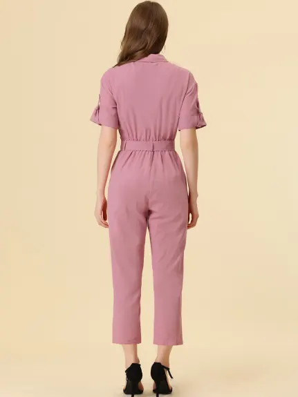 Allegra K- Turndown Collar Button up Tie Waist Cargo Jumpsuit