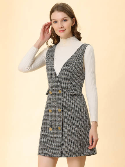 Allegra K - Elegant Button Plaid Tweed Overalls Skirt