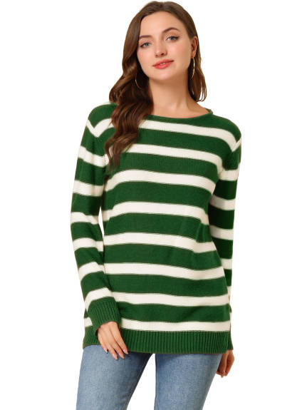 Allegra K- Round Neck Drop Shoulder Loose Striped Tunic Sweater