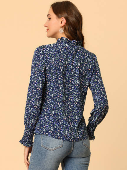 Allegra K- Floral Ruffled Collar Tie Neck Long Sleeve Blouse