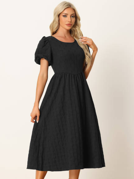 Allegra K- Puff Sleeve Round Neck Textured Dress