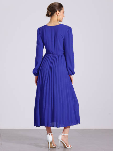 Allegra K - Pleated V-Neck Puff Sleeve Midi Dress