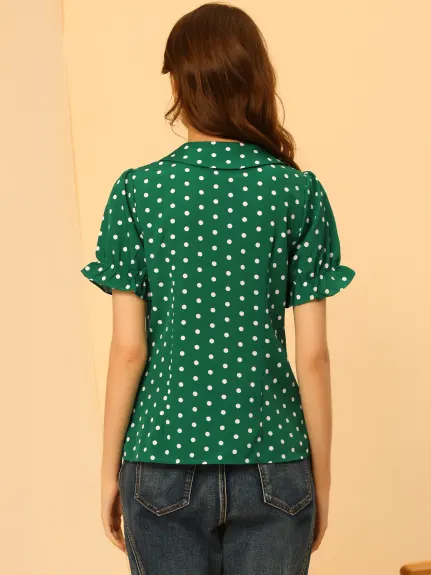 Allegra K- Puff Sleeve Polka Dots Peter Pan Collar Shirt