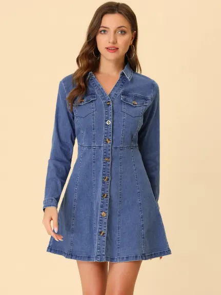 Allegra K- V-Neck Roll Up Sleeve Denim Shirt Dress