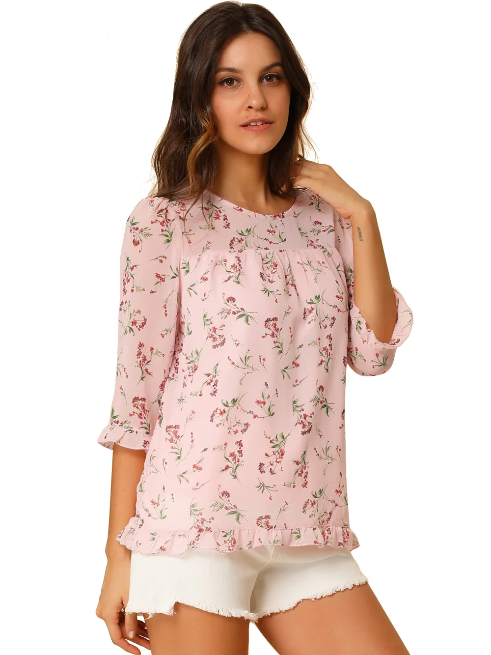 Allegra K- Blouse florale en mousseline à manches 3/4 et à volants