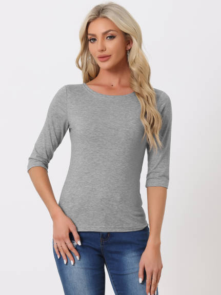 Allegra K- Elbow Sleeves Round Neck Slim Fit Tee