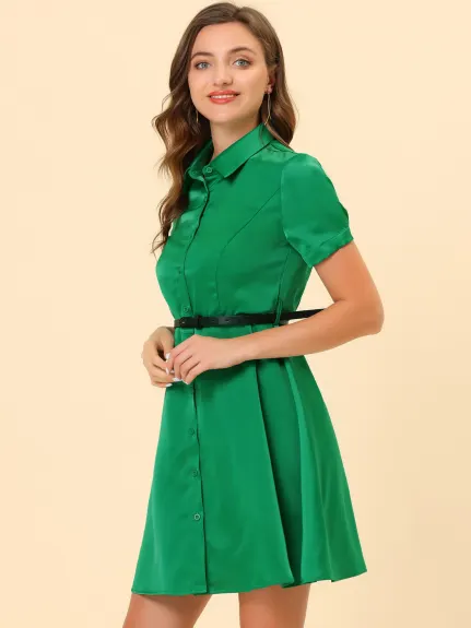 Allegra K- Satin Short Sleeve Button Down Belted Shirt Dress