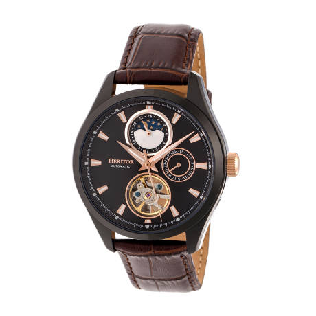 Montre automatique semi-squelette Heritor Sebastian avec bracelet en cuir - Noir