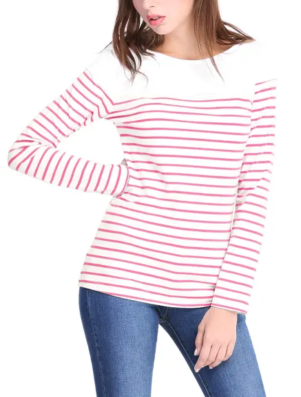 Allegra K- Color Block Long Sleeve Stripe T-Shirt