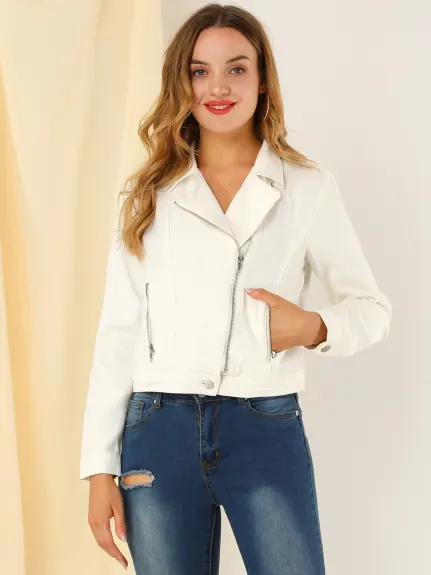 Allegra K- Veste en jean moto asymétrique à revers cranté et fermeture éclair