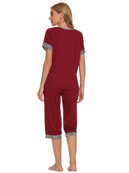 cheibear - Summer Round Neck Pajama Set with Capri Pants