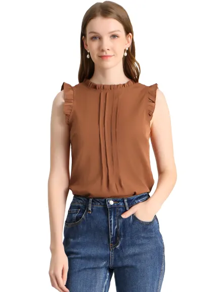 Allegra K- Ruffled Mandarin Collar Sleeveless Pleated Blouse