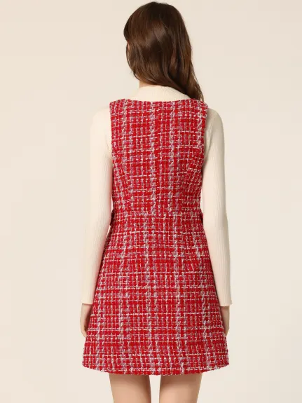 Allegra K - Elegant Button Plaid Tweed Overalls Skirt