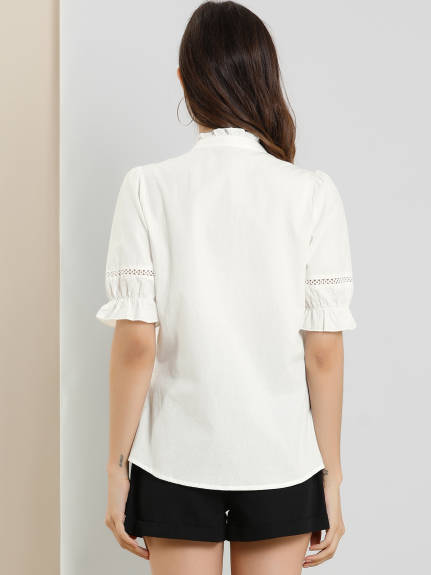 Allegra K - Button Down Cotton Ruffle Neck Shirt