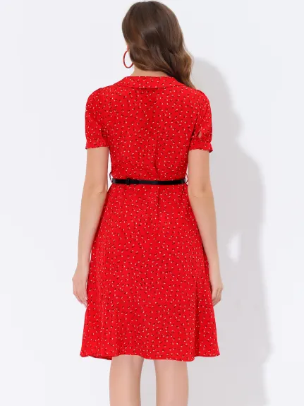 Allegra K- Peter Pan Collar Tie Neck Belted Floral Dress