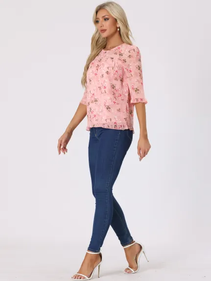 Allegra K- Floral Ruffled 3/4 Sleeve Chiffon Blouse