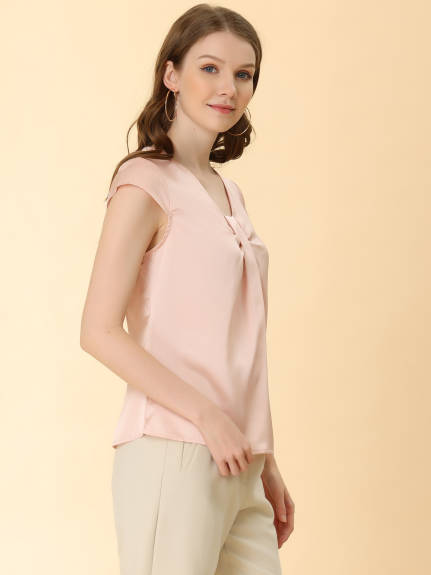 Allegra K- Satin Cap Sleeve Pleated V-Neck Elegant Top