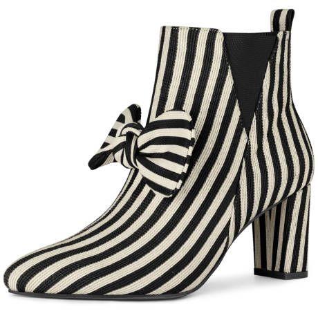 Allegra K - Pointed Toe Bow Striped Ankle Boots