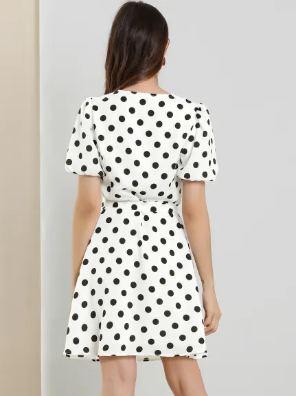 Allegra K- Retro Dots Tie Waist Puff Sleeve A-line Dress