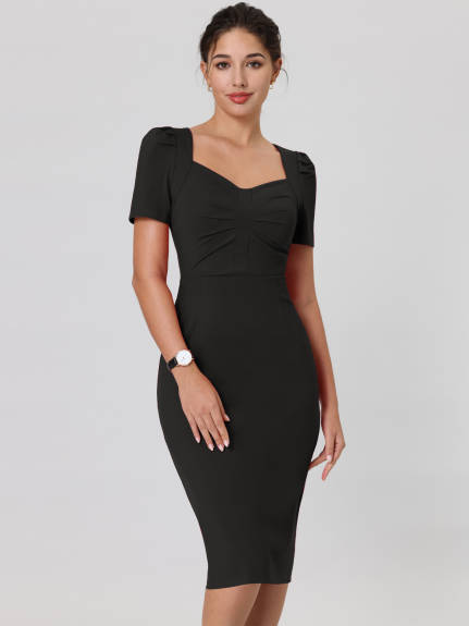 Hobemty- Sweetheart Neck Puff Short Sleeve Sheath Dress