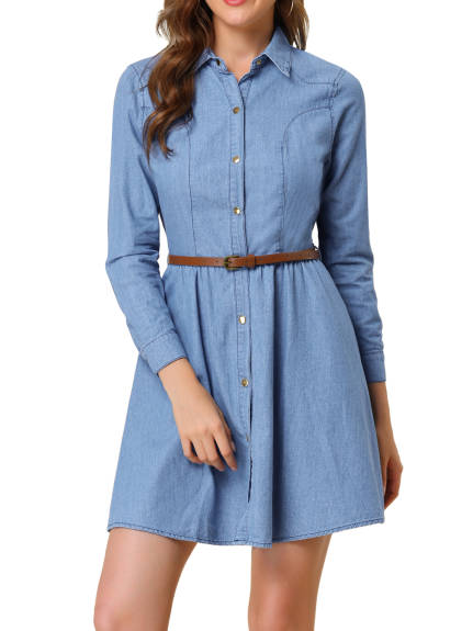 Allegra K- Long Sleeve Above Knee Denim Shirt Dress with Belt