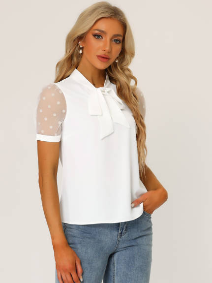 Allegra K- Bow Tie Neck Short Mesh Sleeve Blouse