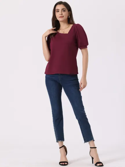 Allegra K - Asymmetrical Neckline Short Sleeve Top