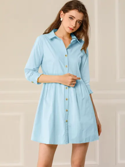 Allegra K- 3/4 Sleeve Button Up Flare Shirt Dress