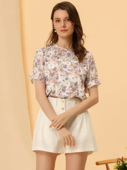 Allegra K- Chiffon Ruffled Trim Floral Blouse