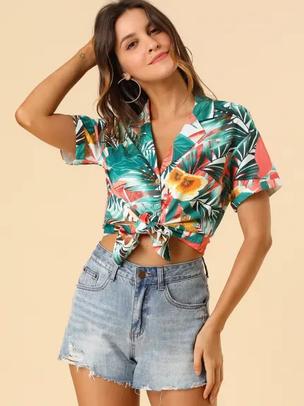 Allegra K- Beach Tropical Floral Leaves Button Down Shirts