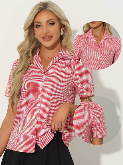 Allegra K- Button Down Plaid Shirt Top