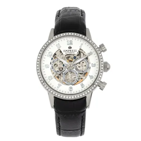 Empress - Beatrice Automatic Skeleton Dial Leather-Band Watch w/Day/Date - Silver