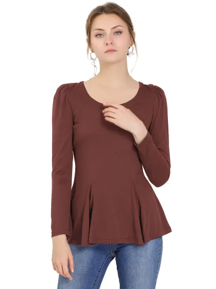 Allegra K- Long Sleeves Scoop Neck Casual Peplum Shirt