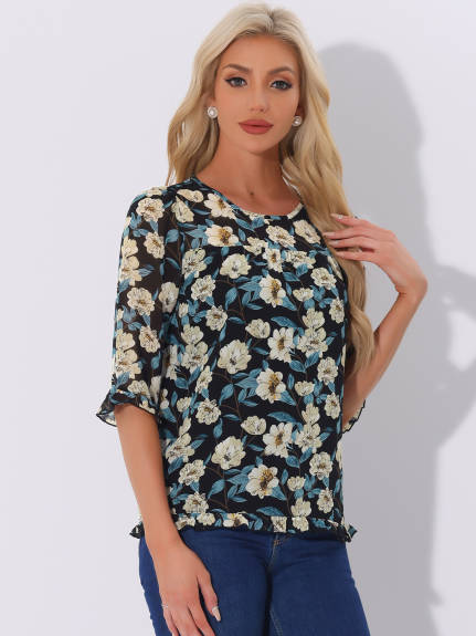 Allegra K- Floral Ruffled 3/4 Sleeve Chiffon Blouse