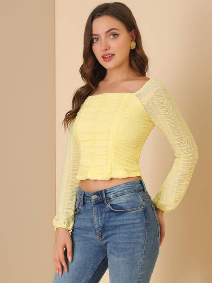 Allegra K - Square Neck Ruched Long Sleeve Crop Top