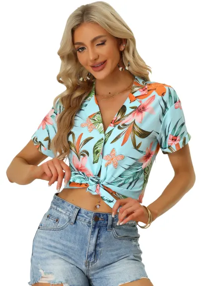 Allegra K- Beach Tropical Floral Leaves Button Down Shirts