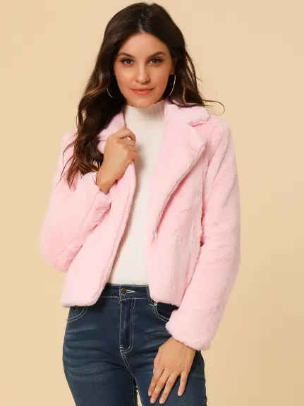 Allegra K- Notch Lapel Faux Fur Fluffy Cropped Coat